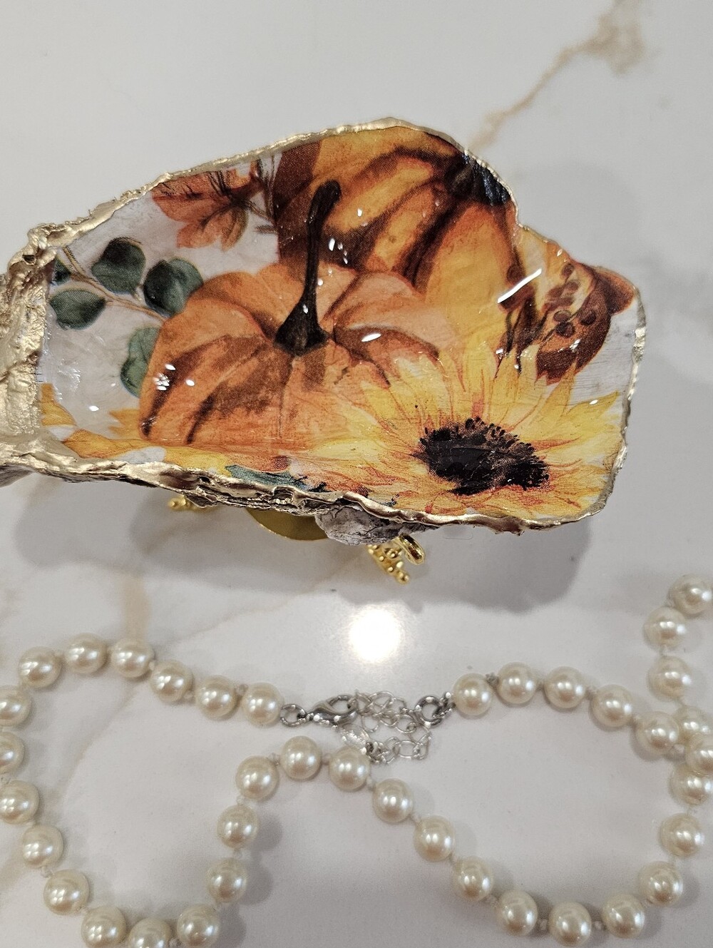 Decoupaged Oyster Shell Fall Harvest Pumpkin Print Trinket Ring Jewelry Holder